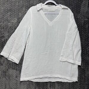 Wyeth Gauze V-Neck Top Small White Excellent Coastal Boho 3/4 Sleeve (2046)